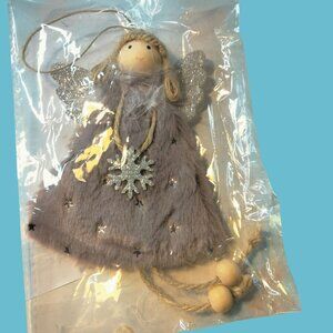 Silver Angel Hanging Ornament Faux Fur Dress Glitter Wings Holiday Snowflake